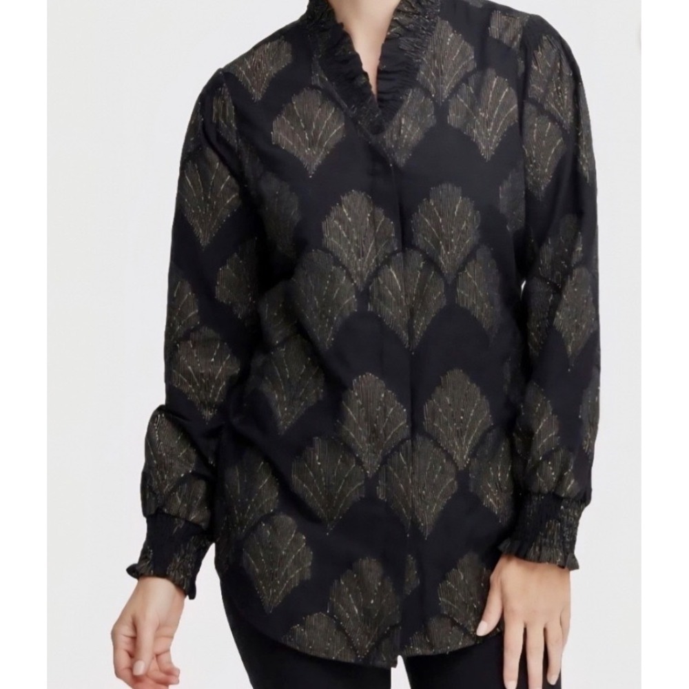 Chicos Black Gold Art Deco Print Blouse Ruffle Collar Smocked Cuff Top size 12